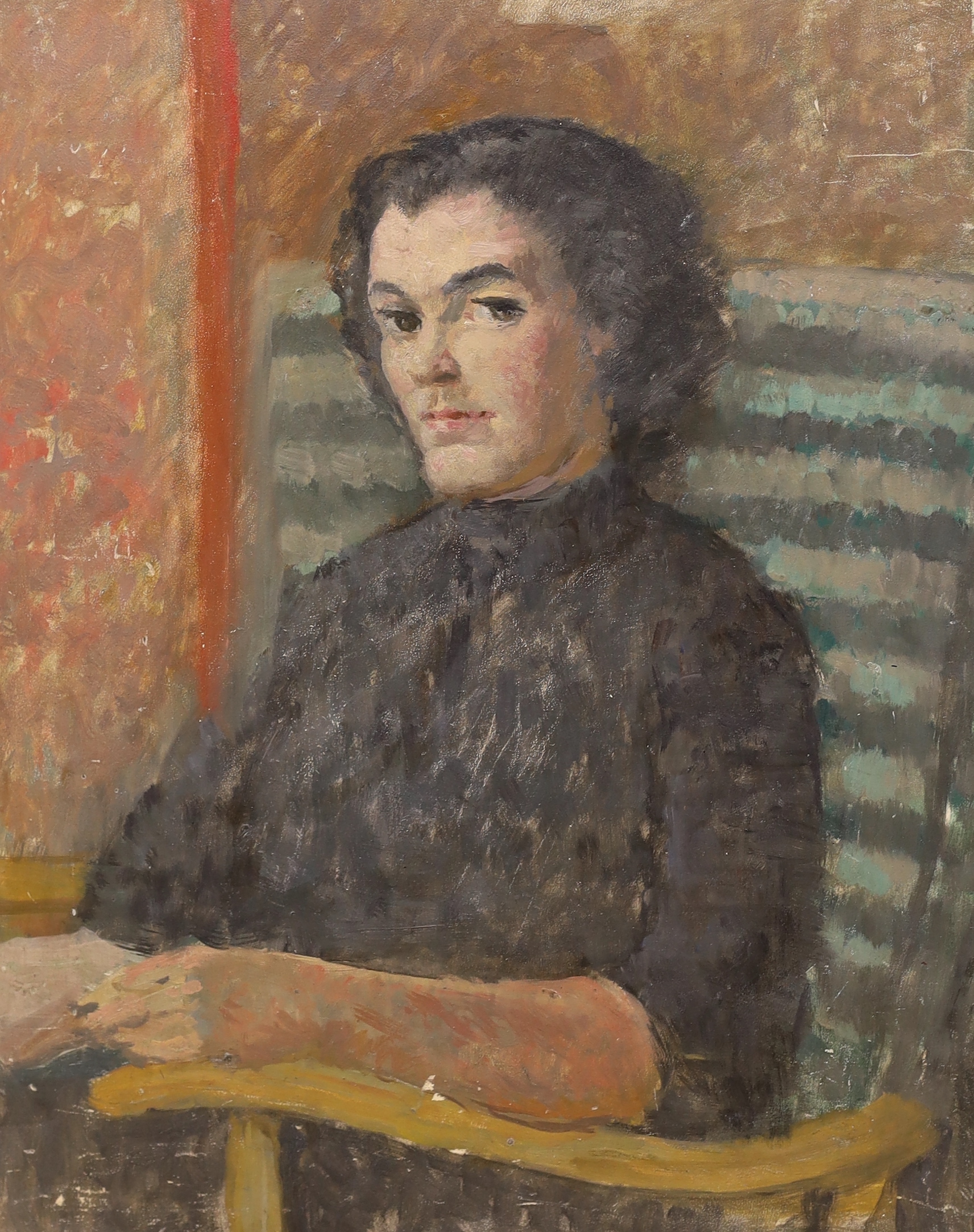 Hubert Wellington (1879-1967), oil on wooden panel, Portrait of a lady, possibly Margot Stueler, inscribed verso, 41 x 33cm, unframed